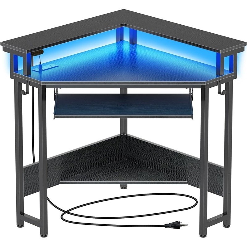 Triangle Corner Computer Desk W/ Monitor Stand USB Ports LED Lights Storage
