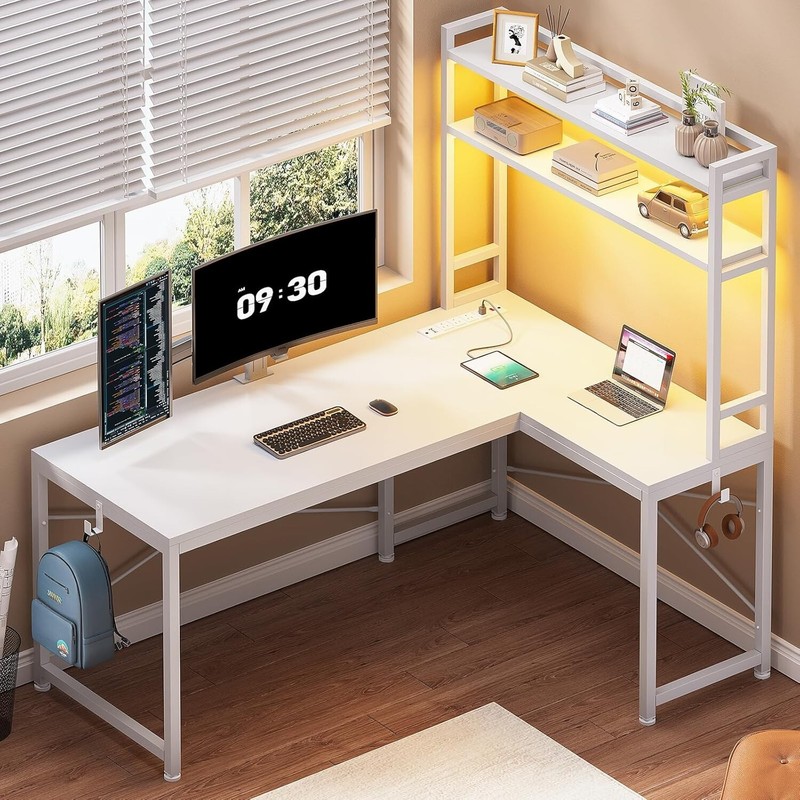 Reversible 45.3″ Small Corner Desk with LED Lights, Corner Computer Desk (White)