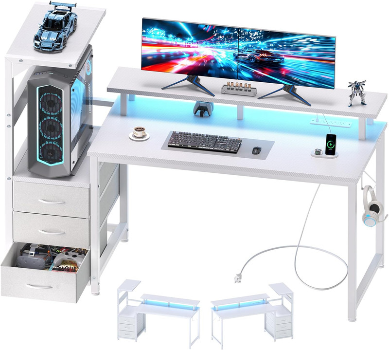 L Shaped Gaming Desk with Shelves Storage Drawers 52», White Computer Desks wit
