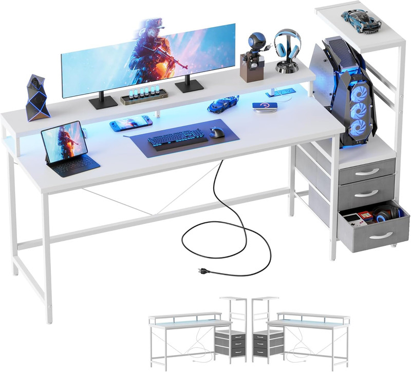 LED Gaming Desk with Power Outlets, Shelves & Reversible Design