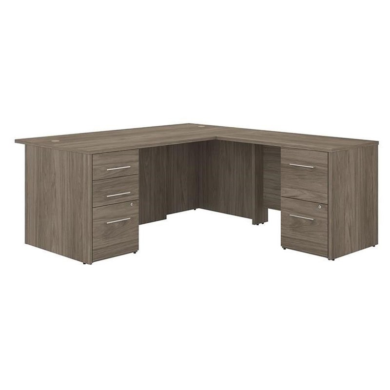 Pemberly Row 72W L Shaped Desk with Drawers in Modern Hickory – Engineered Wood