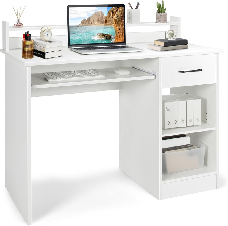 White Desk with Drawer & Keyboard Tray, 22 Inch Wide Modern Study Writing Desk w