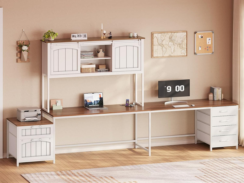 Farmhouse L Shaped Office Desk with 6 Drawer, Reversible Computer Desk with Powe gallery