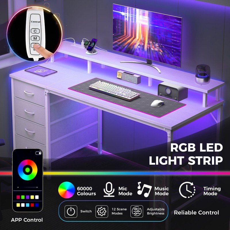 40 Inch White Computer Desk With 4 Drawers Monitor Stand Outlets and LED Lights gallery