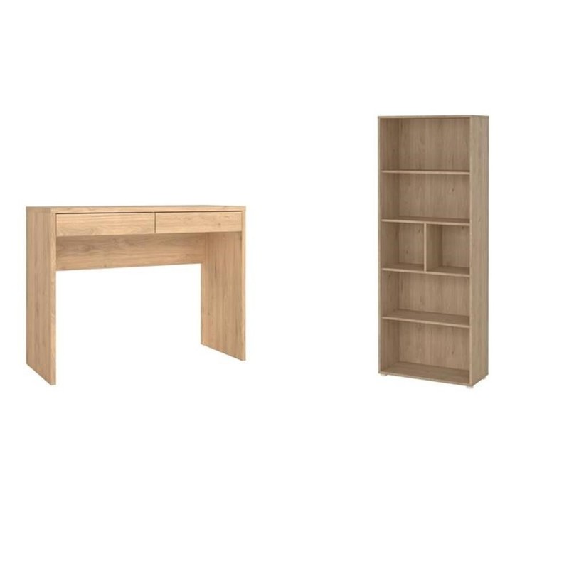 Pemberly Row Set of 2 Writing Desk and Adjustable 6-Shelf Bookcase in Hickory
