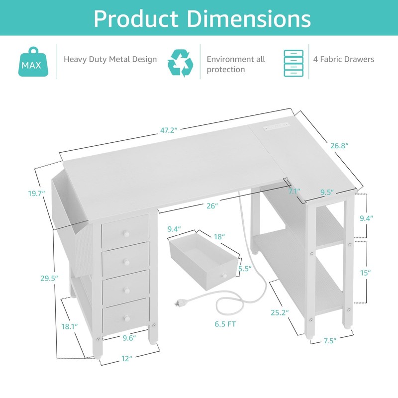 Lufeiya White L Shaped Computer Desk with Drawers Storage Shelves, 47 Inch C... gallery