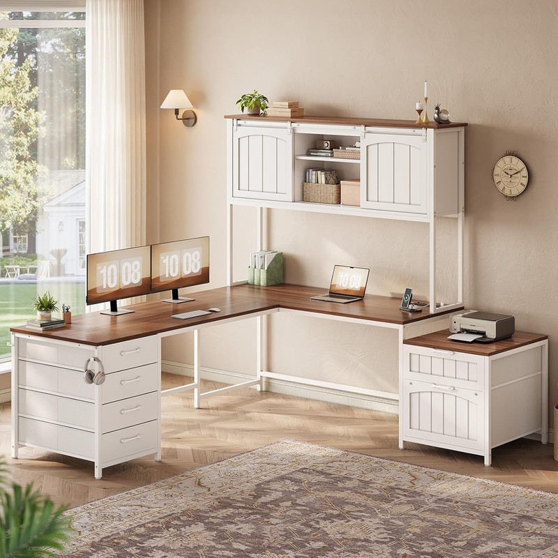 Farmhouse L Shaped Office Desk with 6 Drawer, Reversible Computer Desk with Powe gallery