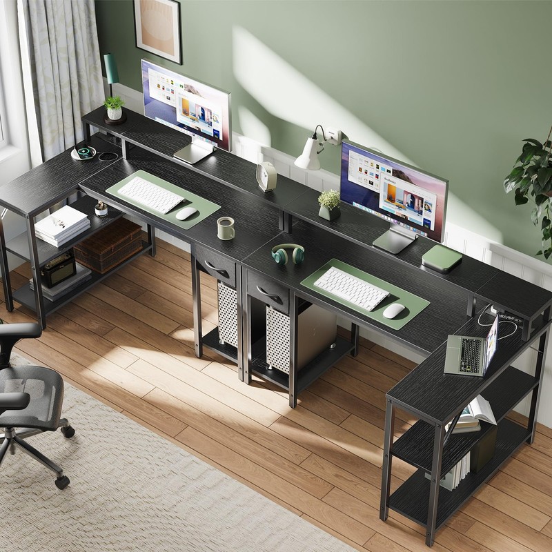 47 Inch L Shaped Gaming Desk LED Lights Power Outlets Black gallery
