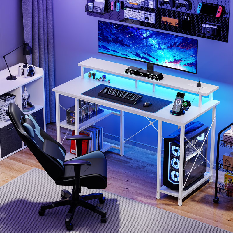 48-Inch Gaming Desk with LED Lights, Power Outlets, Monitor Stand White