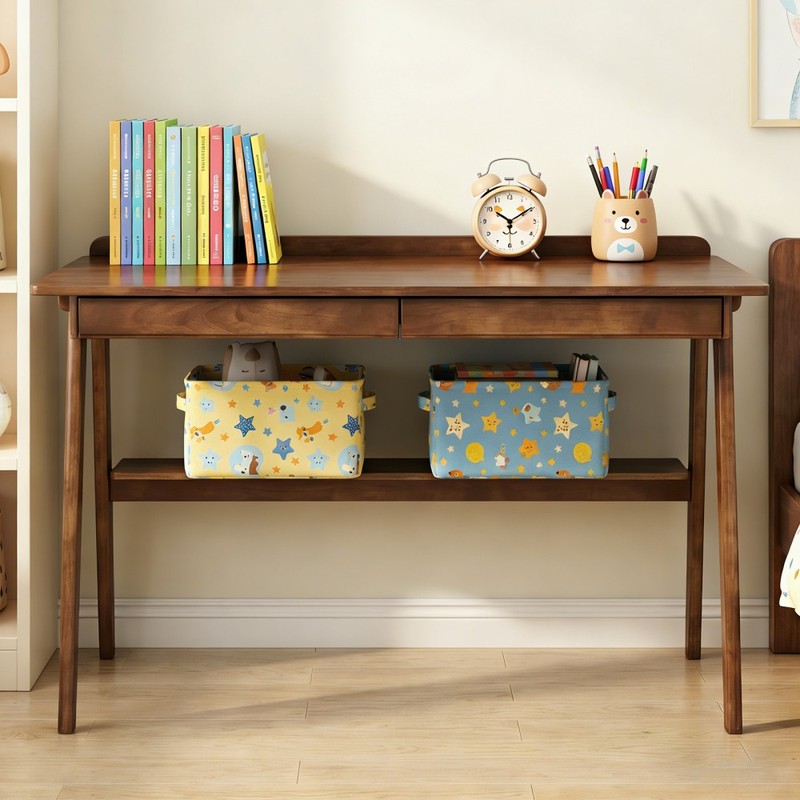 Solid Wood Writing Desk, 2 Drawers & Shelf, Mid Century Walnut for Home Office gallery