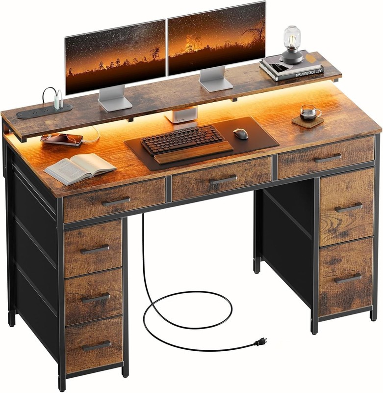 47 inch Computer Desk with 8 Storage Drawers, Gaming Desk with LED Lights & USB