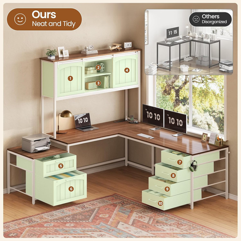 Farmhouse L Shaped Office Desk with 6 Drawer, Reversible Computer Desk with Powe gallery