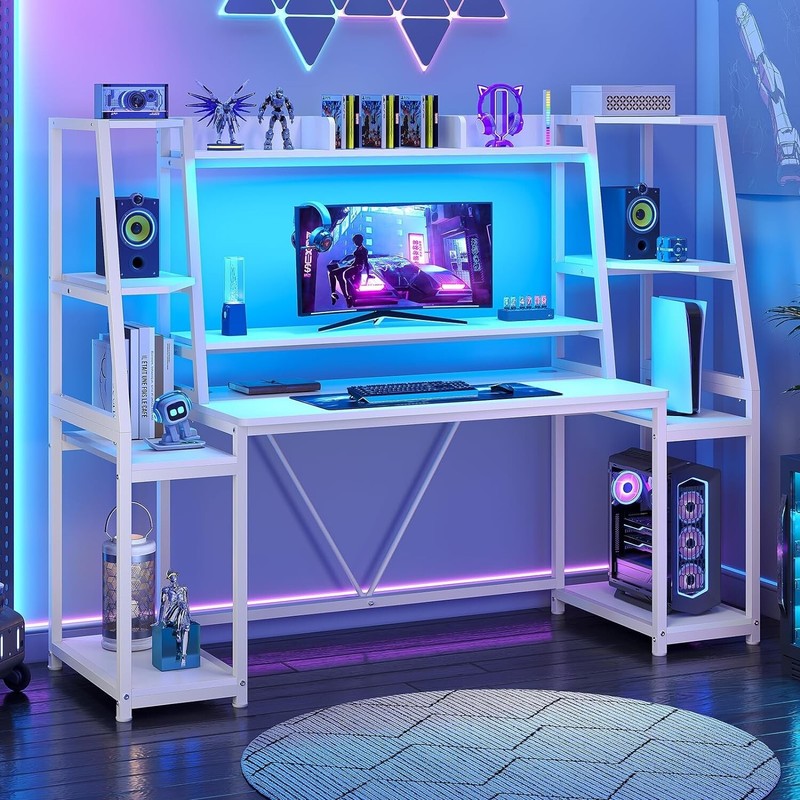 65.7» Gaming Desk with LED Lights and Hutch, Large PC Gamer Desk Workstation