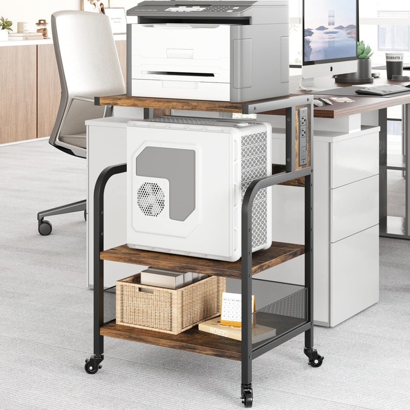 3-Tier Large Printer Table Stand w/ Power Outlets Charging Ports Adjustable