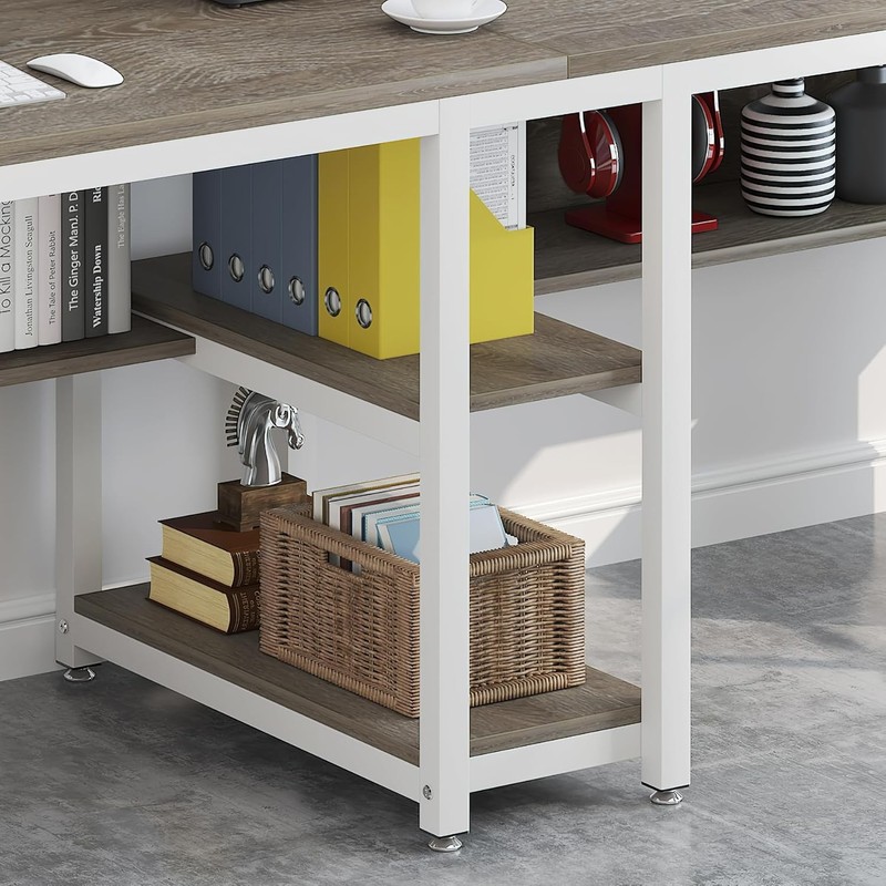Two Person Desk with Bookshelf, 78.7'' Computer Office Double Desk Writing Desk gallery