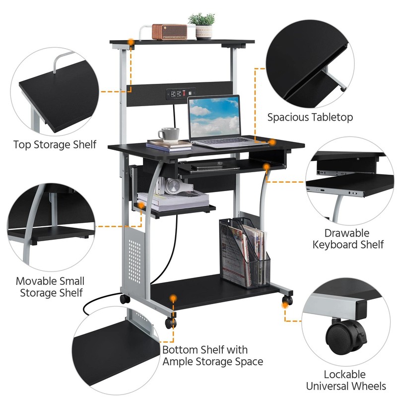 Rolling Computer Desk with Charging Station & 2 USB Ports for Small Space, Black gallery