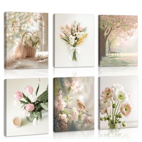 6Pcs Pastel Spring Framed Canvas Wall 12X16inches Spring Floral Wall Art