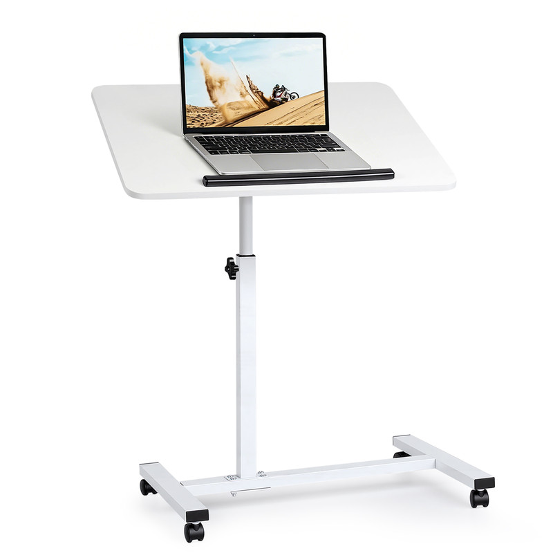 Adjustable Overbed Bedside Table with Wheels Mobile Standing Desk White