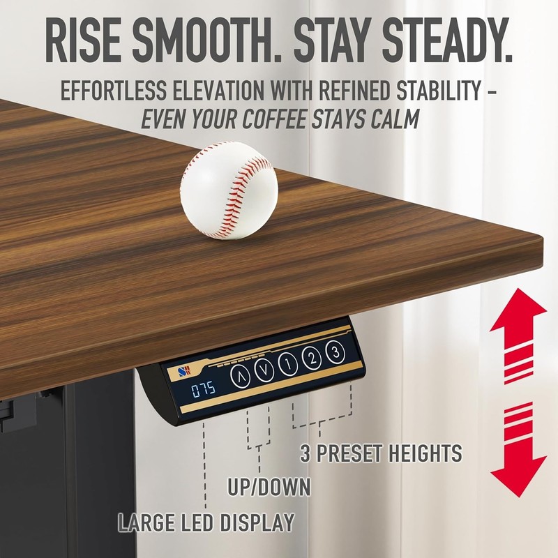 Modern Walnut Electric Adjustable Standing Desk with Cable Management & Drawer gallery