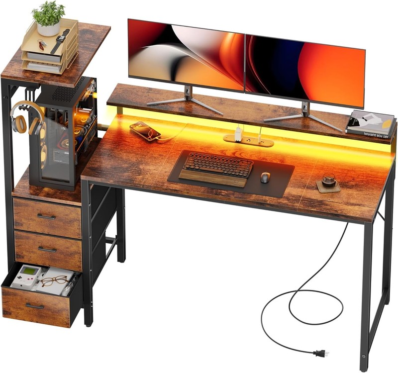 Gaming Desk with Led Lights , Outlets & 3 Drawers, Home Office Desk with Shelves