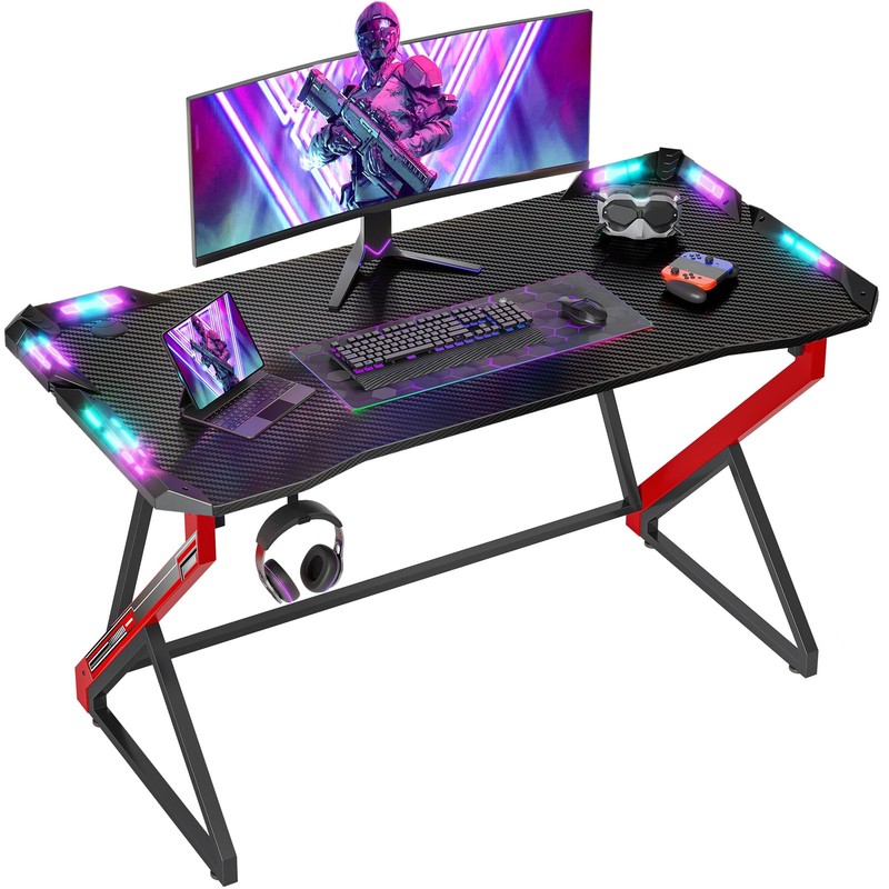 TIQLAB Gaming Desk 40in Z Shape Carbon Fiber LED Lights 366 Modes Black Non-GMO