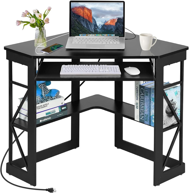 Compact Corner Computer Desk with Charging Station & Storage Shelves, Black