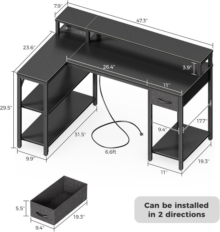 47-Inch L-Shaped Corner Desk with Built-in LED & Power Outlets for Home & Office gallery