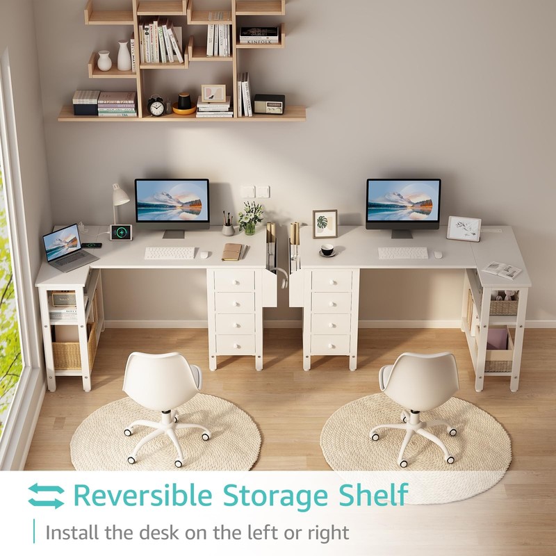 Lufeiya White L Shaped Computer Desk with Drawers Storage Shelves, 47 Inch C... gallery
