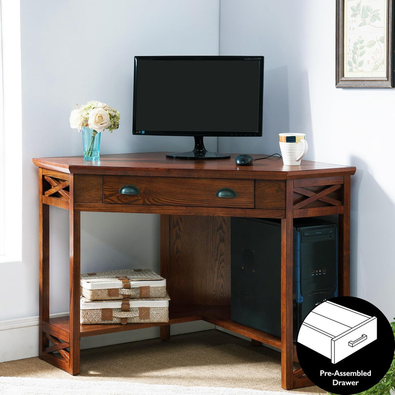 Oak Corner Computer Desk with Drop-Front Keyboard Drawer gallery