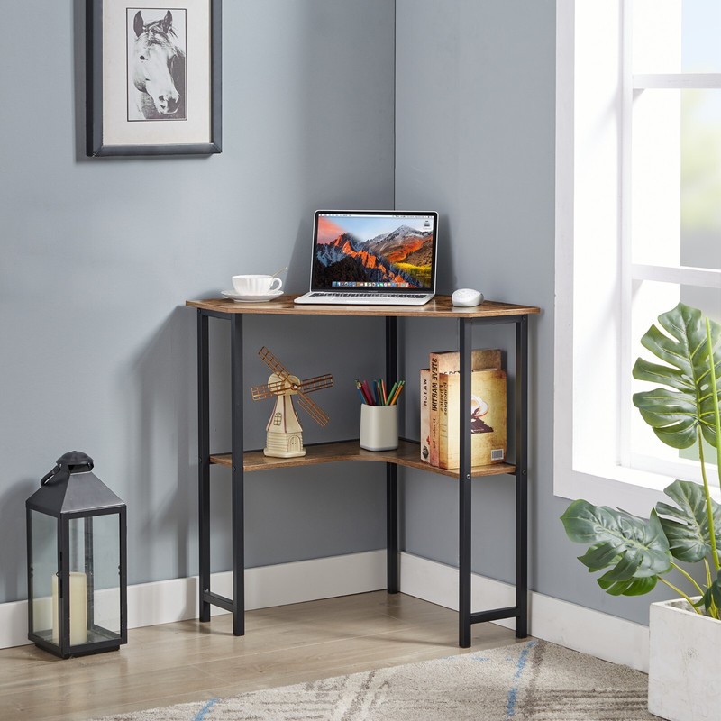 Corner Computer Desk with Storage Shelves Triangle Writing End Table Small Space