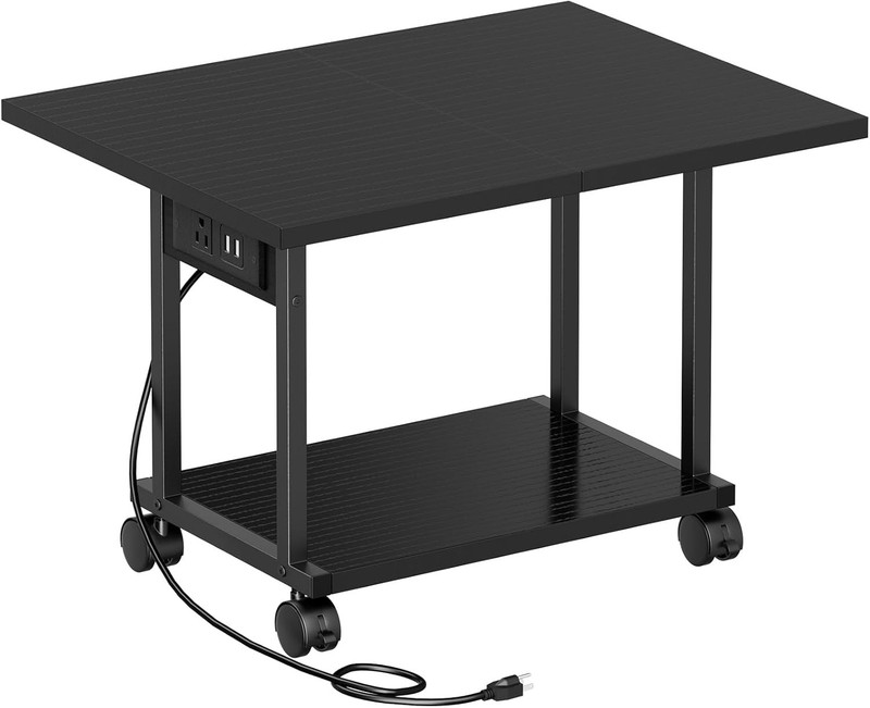 Printer Table 2-Tier Under Desk Printer Stand with Charging Station Black NEW