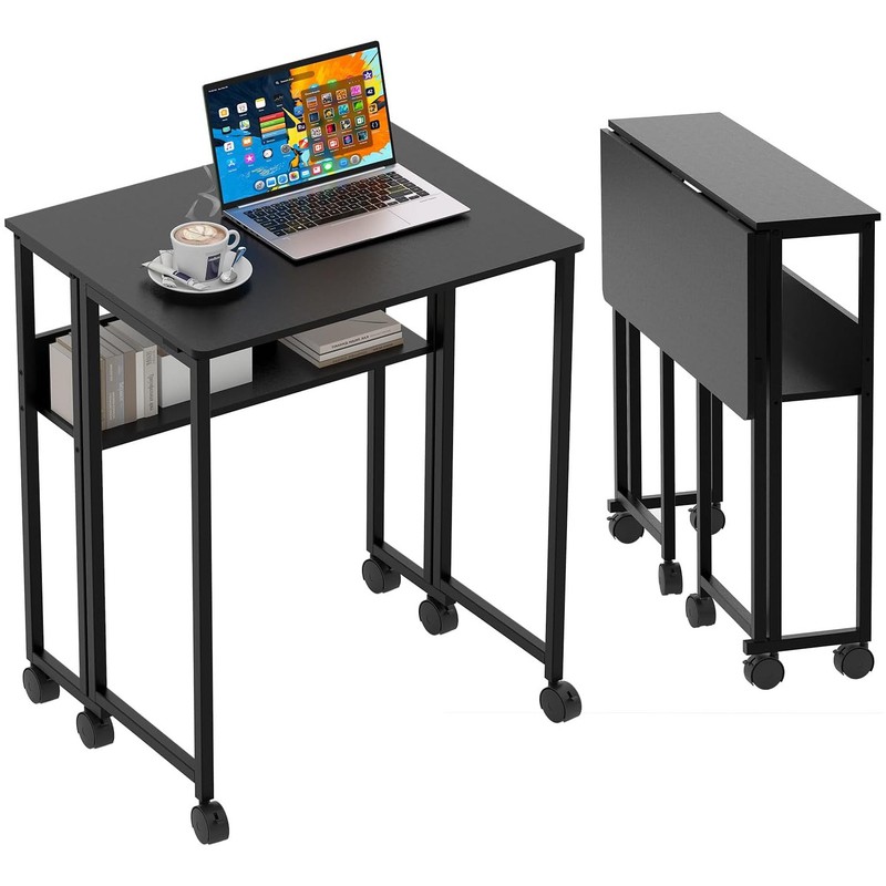 Folding Desk with Storage Shelf Rolling Desk on Wheels Foldable Computer Table