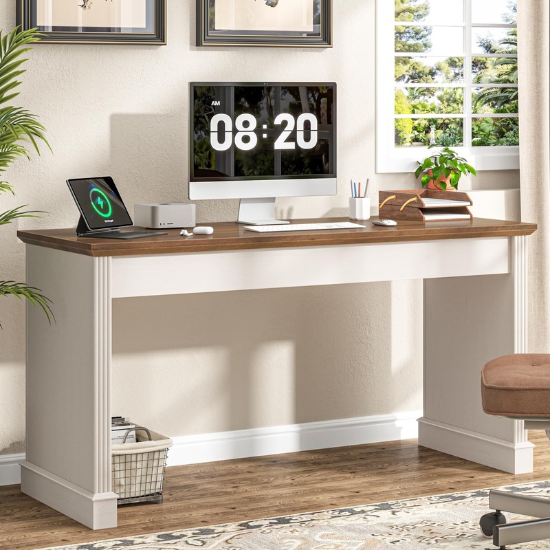 59in Farmhouse Executive Desk Sturdy White Computer Workstation Home Office Stud