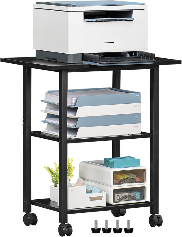 3-Tier Printer Stand, Industrial Mobile Printer Table with Storage Shelf and Ste