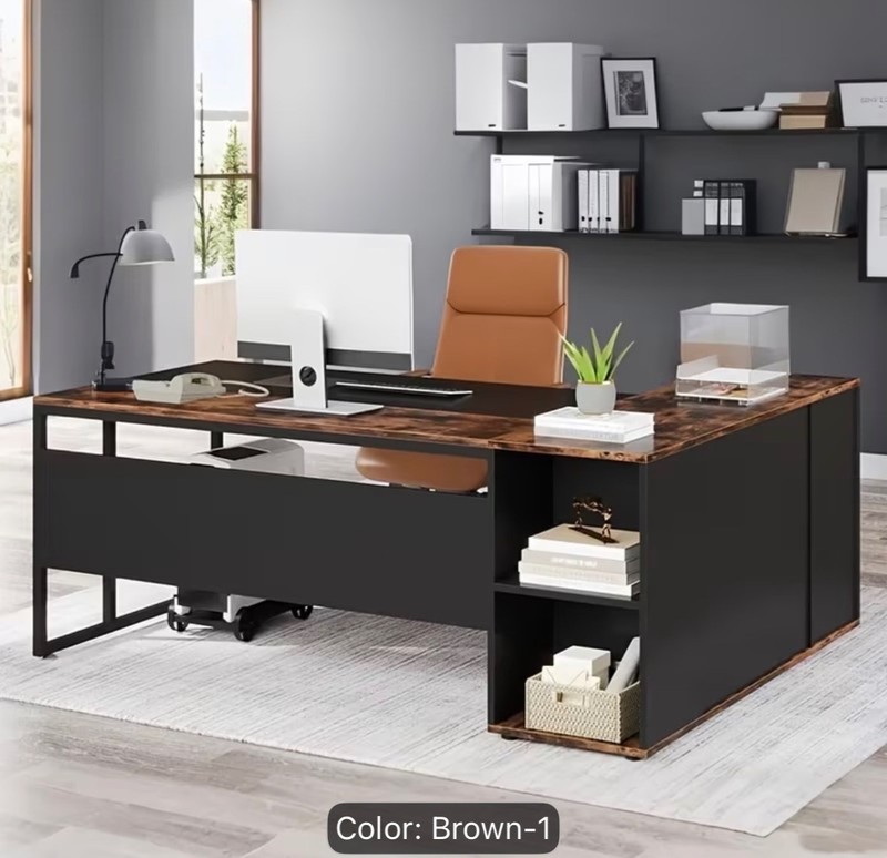 71" L-Shaped Executive Desk,Large Office Desk With Lateral Cabinet & Open Shelve gallery