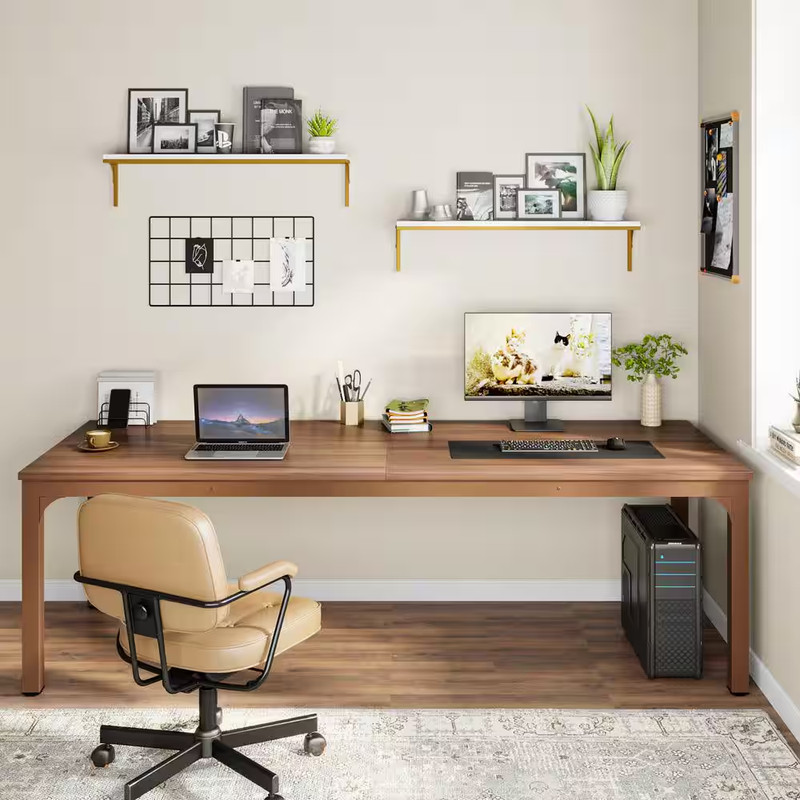 Moronia 78.7In. Rectangle Matte Brown Wooden Extra Long Computer Desk 2 Person D gallery