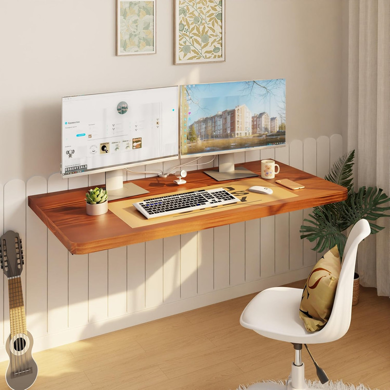 Wall-Mounted Folding Table Desk, 36″ Pine Wood Workbench for Home & Kitchen