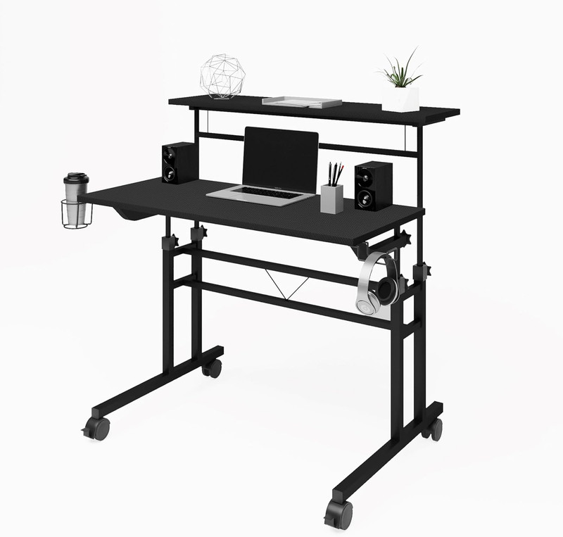 Height Adjustable Rolling Standing Desk with Wheels and Cup Holder – Black