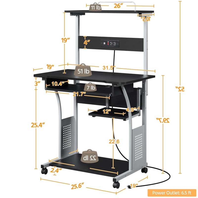 Rolling Computer Desk with Charging Station & 2 USB Ports for Small Space, Black gallery