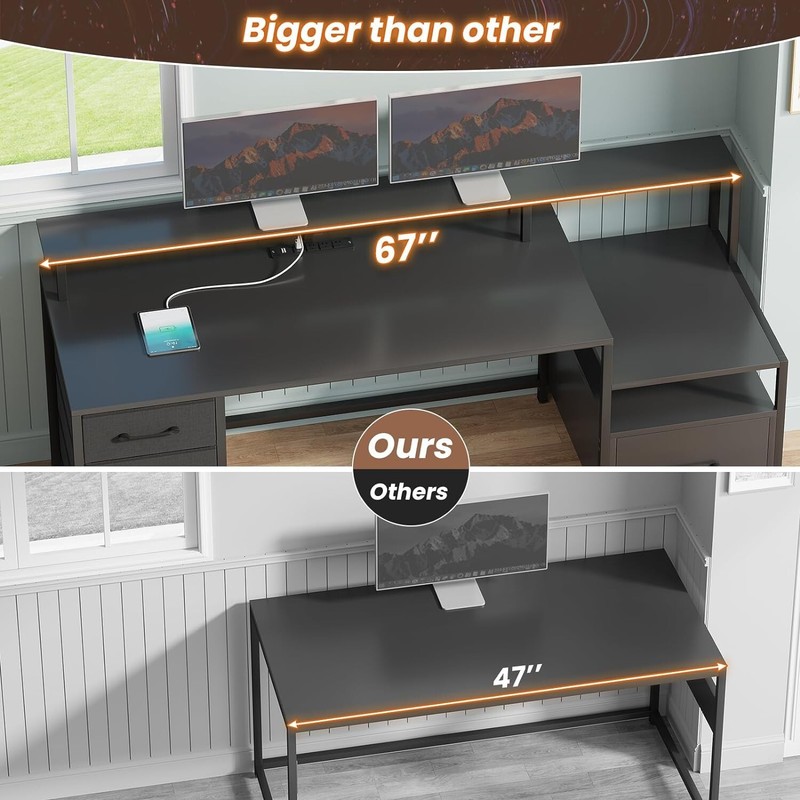 Computer Desk with Power Outlet &Led Lights, 66'' Home Office Desk w/File Drawer gallery
