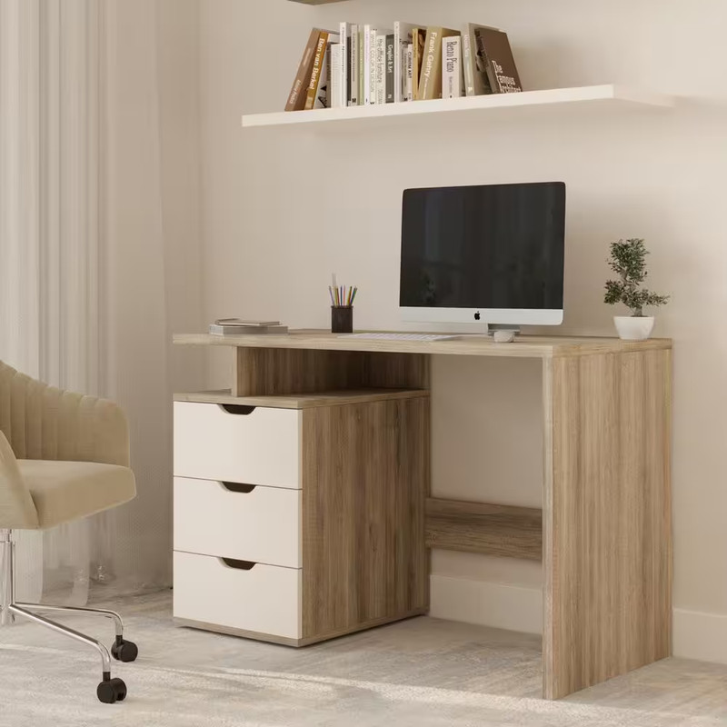 25.1 In. White Computer Desk - Contemporary Desk with Attached 3-Drawer File Cab gallery