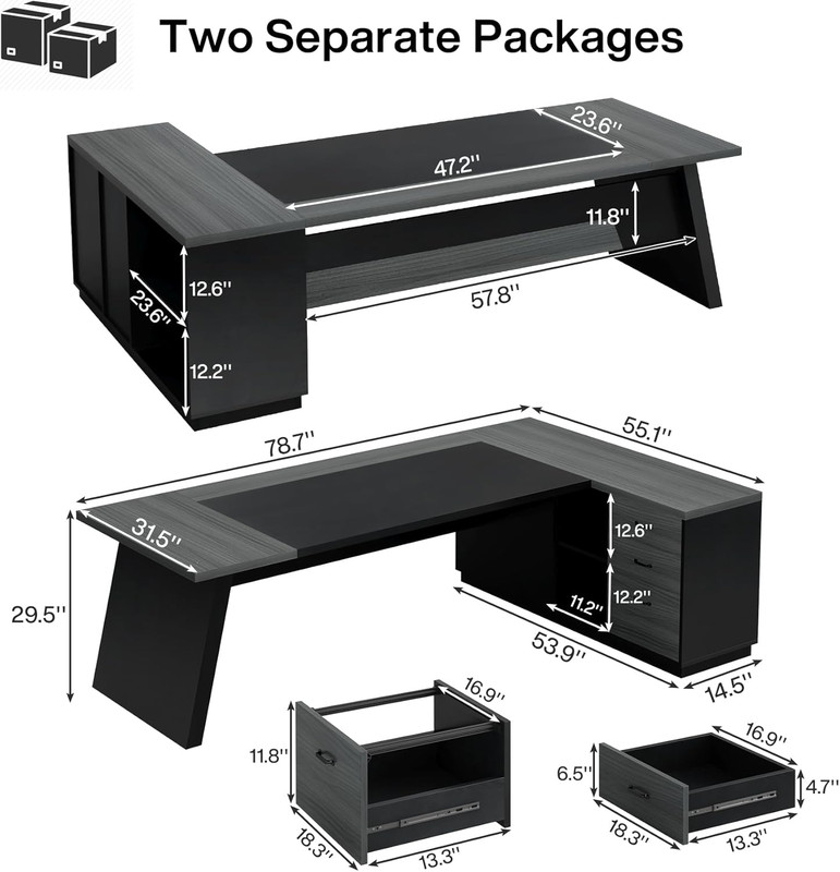 Modern L-Shaped Executive Desk with Storage, Grey & Black Home Office Furniture gallery