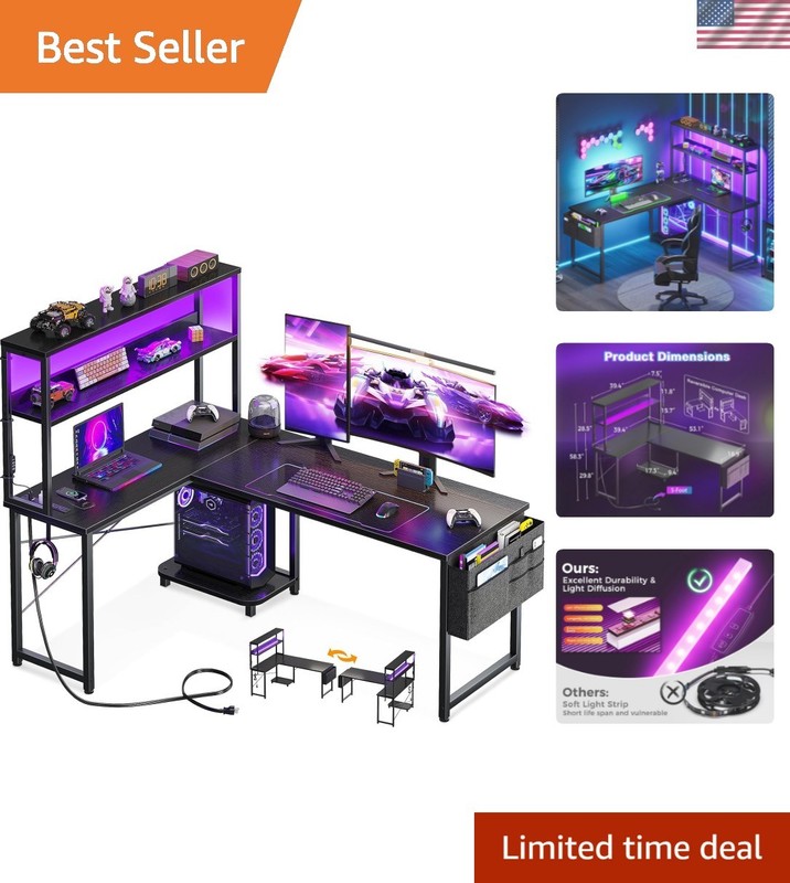 53 Inch Reversible L-Shaped Computer Desk with Storage Sack & LED Lighting