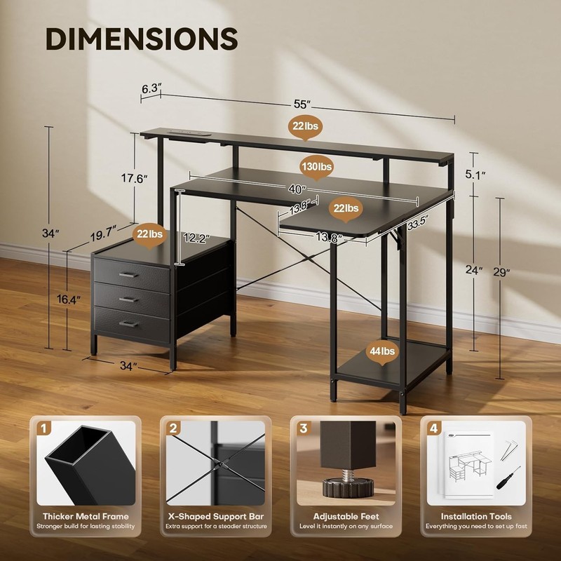 Computer Desk with Led Lights, Power Outlets & Storage Shelves, Home Office Desk gallery