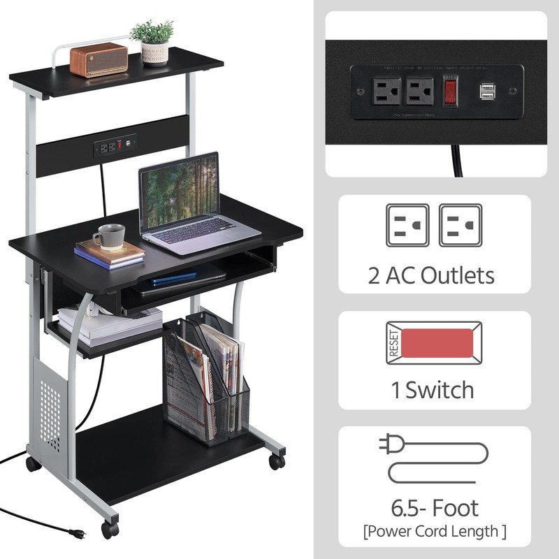 Rolling Computer Desk with Charging Station & 2 USB Ports for Small Space, Black gallery