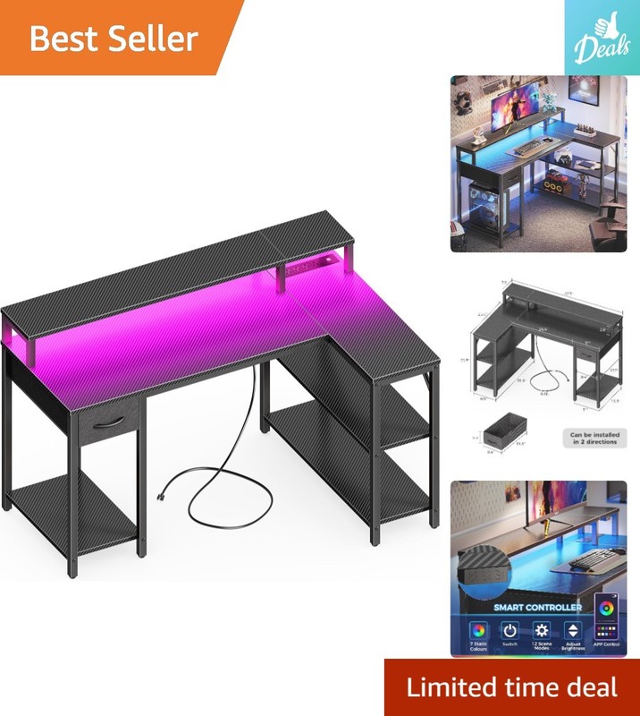 47-Inch L-Shaped Corner Desk with Built-in LED & Power Outlets for Home & Office