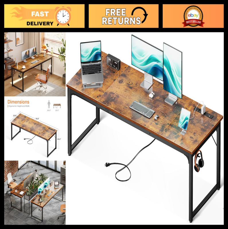 71″ Computer Desk with USB Ports, Large Office Desk, Rustic Brown Study Table