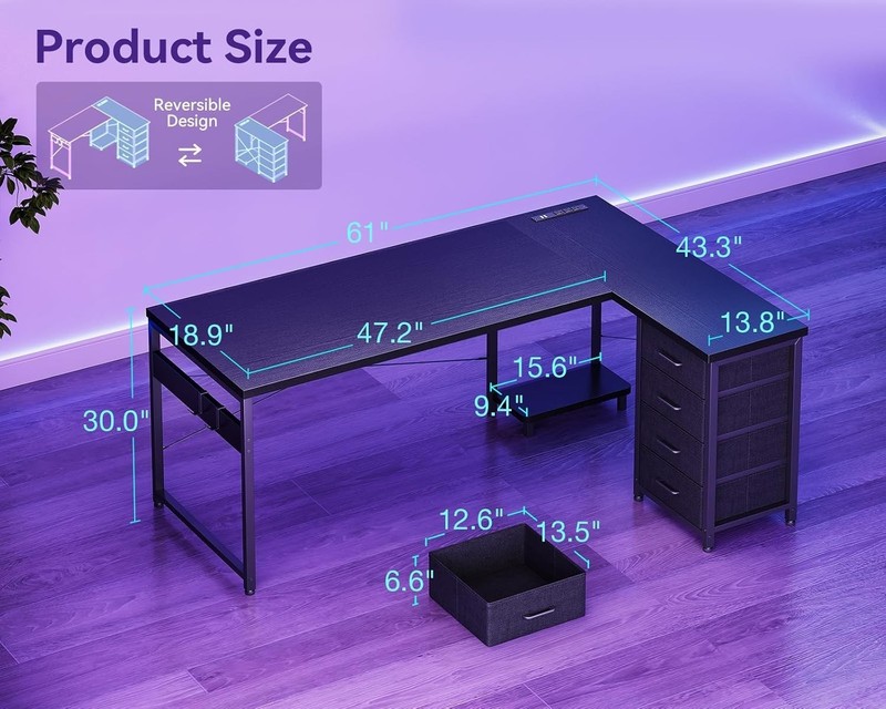 Shaped Gaming Desk with 4 Drawers, 61" Reversible Home Office Desks with Power O gallery