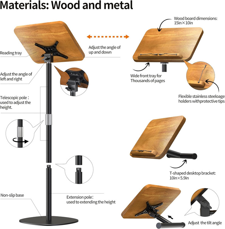 2-In-1 Dual-Use Floor & Desktop Book Stand, 100% Solid Wood, Height Adjustable f gallery