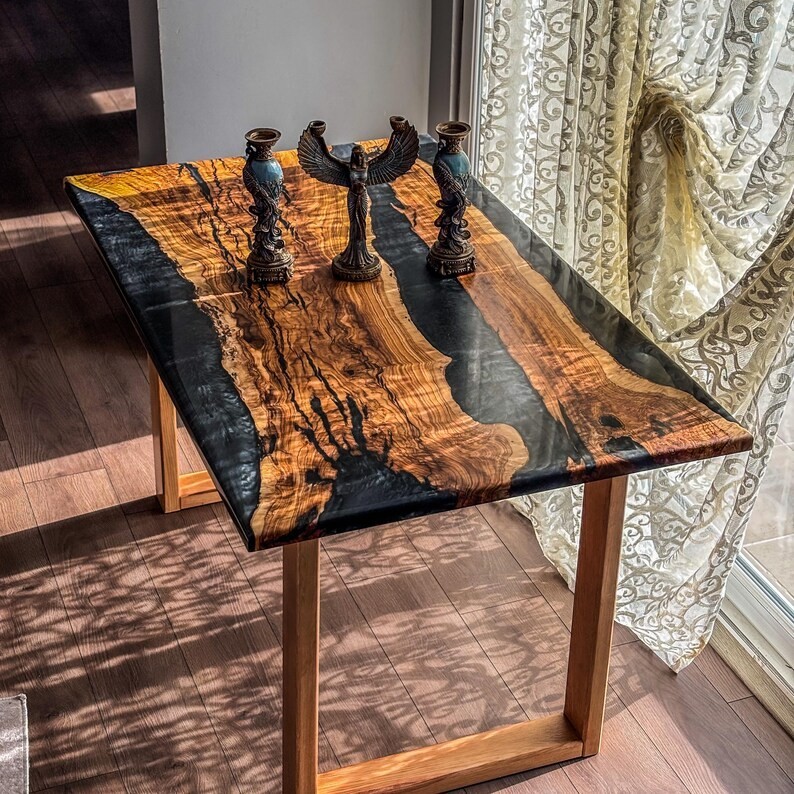 Handmade Olive Wood Dining Table with Black Epoxy Resin – Live Edge Modern Desig
